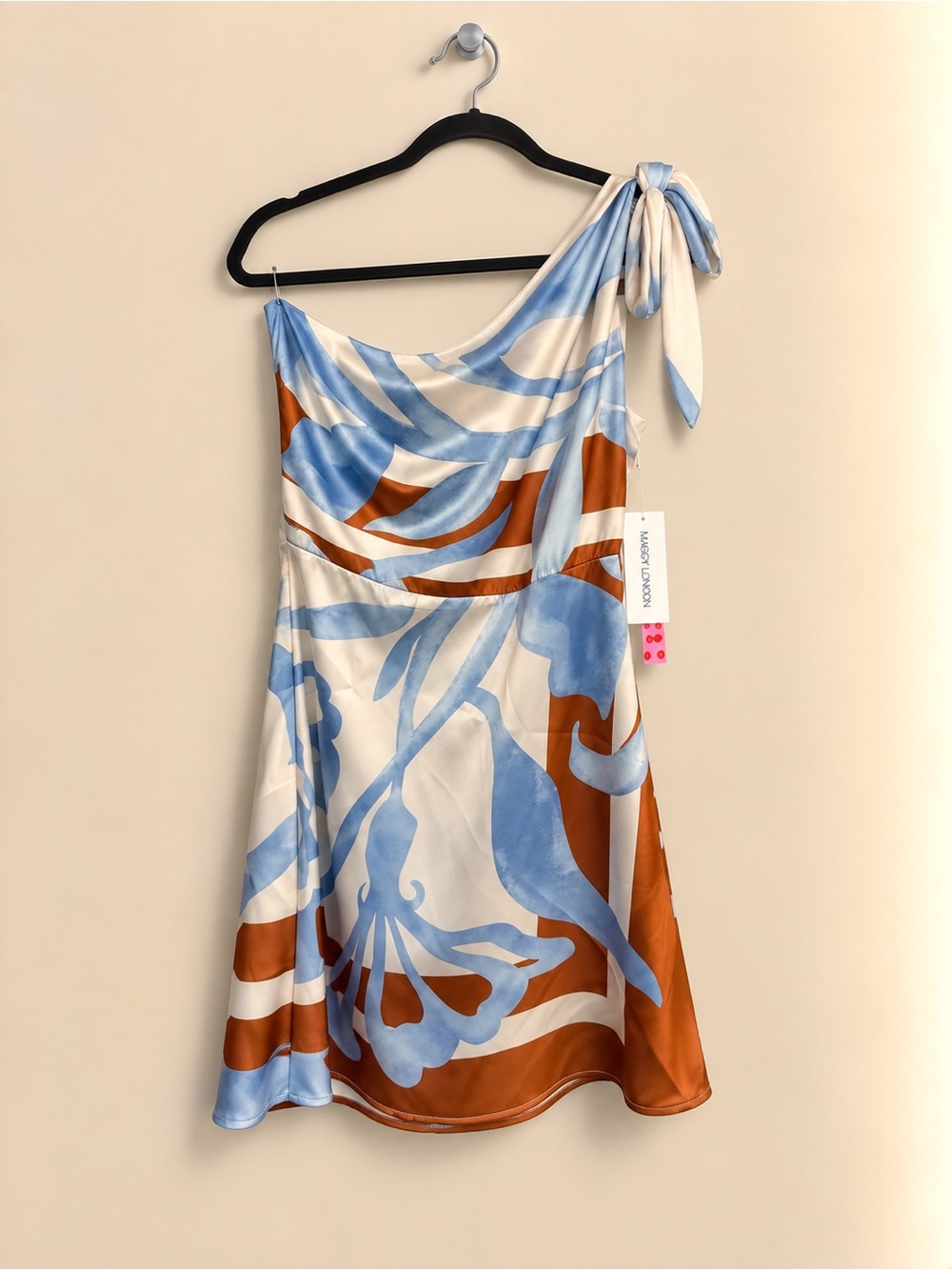 Cider One-Shoulder Floral Satin Mini Dress in Blue & Brown - Size L NWT